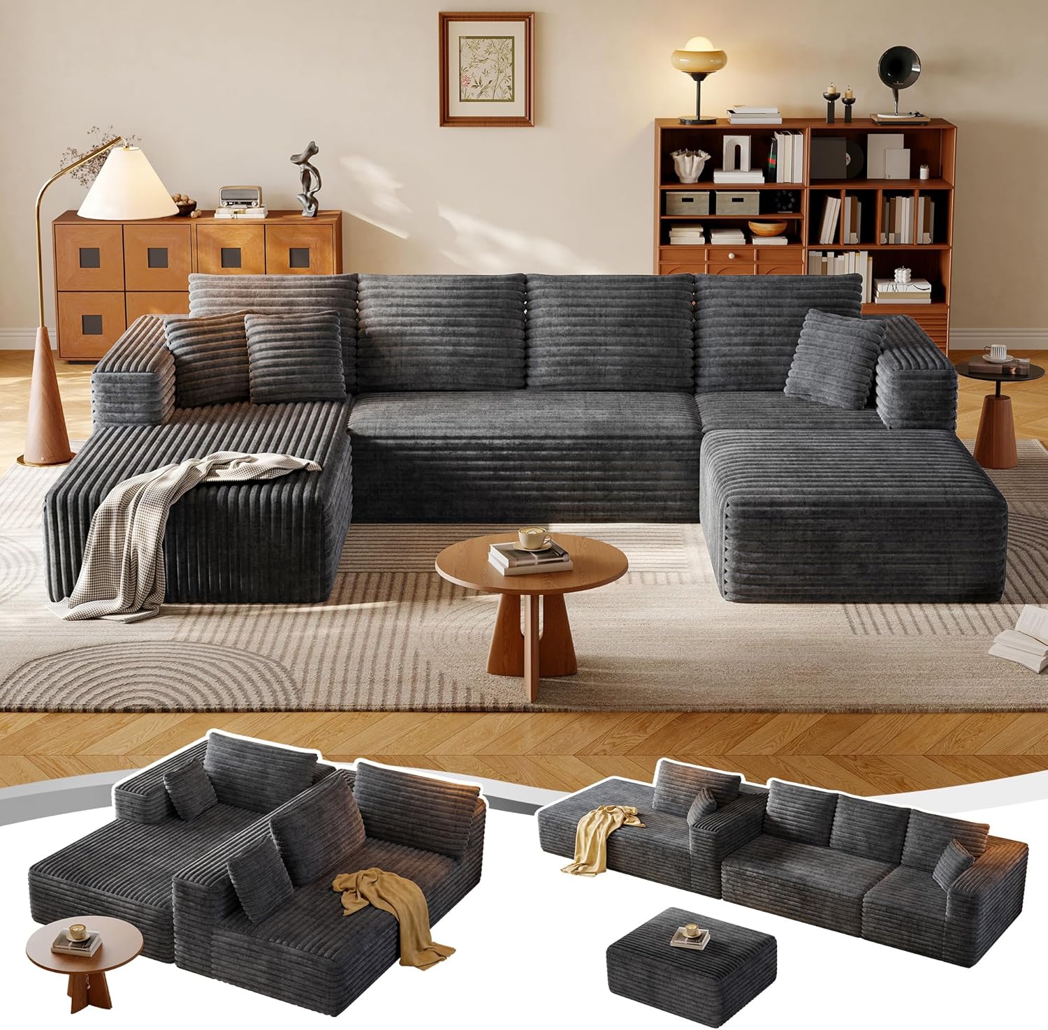 134.6 Modular Sectional Sofa with Deep Seat, Boneless U Shaped Corduroy Couch Modern Comfort, Cloud Couch Oversized for Living Room No Assembly (Gray)