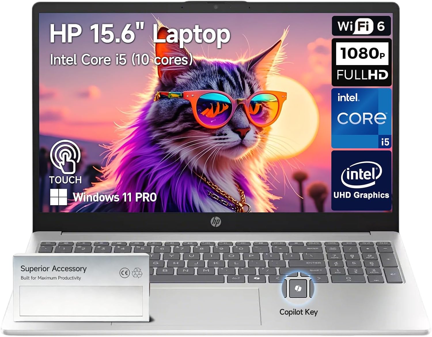 HP 15 Inch Touchscreen Laptop Computer  15.6 FHD IPS Touch Screen Students&Business Laptop  13th Gen Intel 10-Core i5 (> i7-1255U)  Windows 11 Pro  Copilot Key  Number Pad  Silver|8GB RAM 512GB SSD