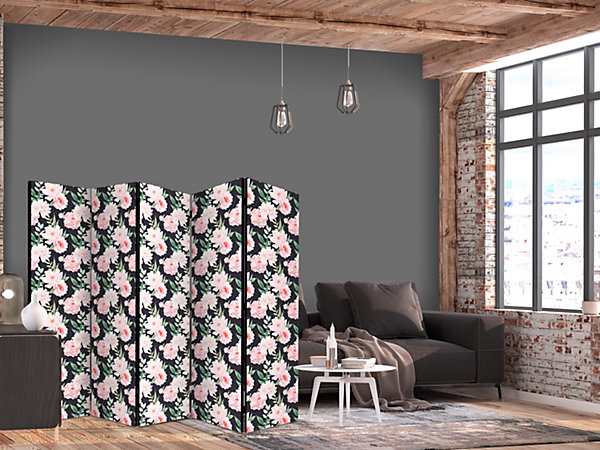 Paravent -Fleurs roses et feuilles vertesgraphite