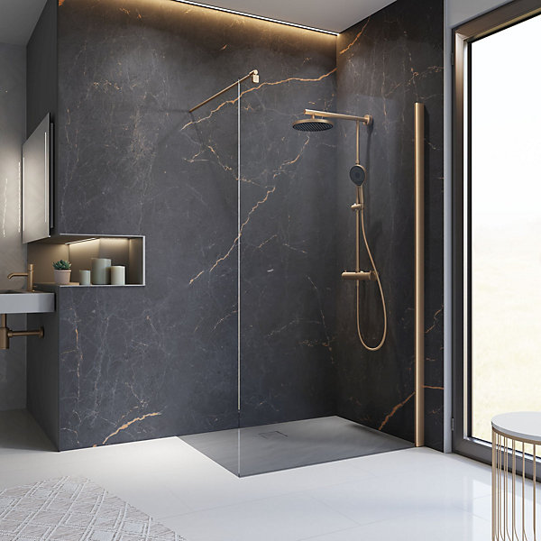 Colonne de douche thermostatique avec pommeau   douchette   flexible   barre réglable, coloris cuivre, Schulte Rain