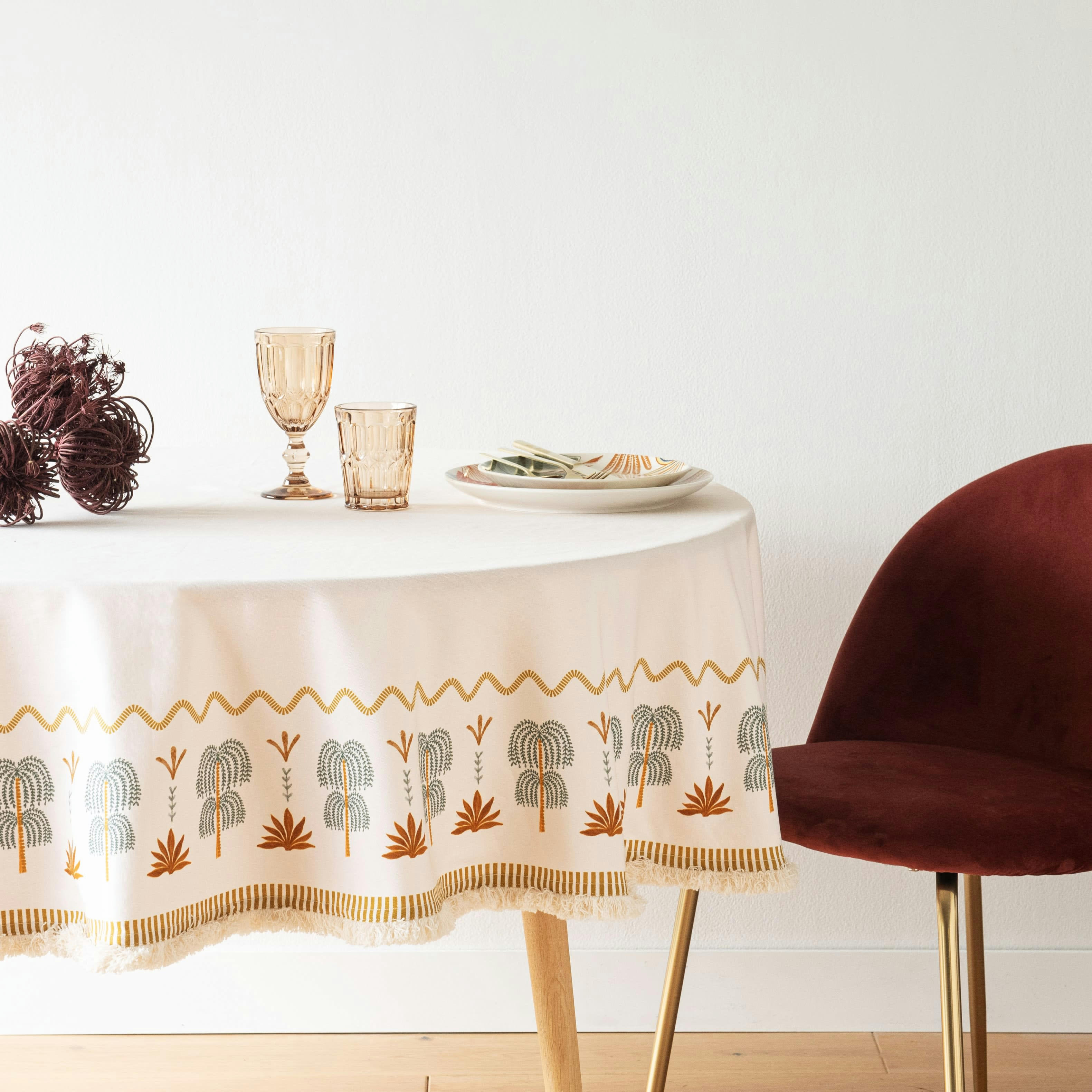 OFIR - Nappe ronde en coton biologique palmiers avec franges multicolore D170