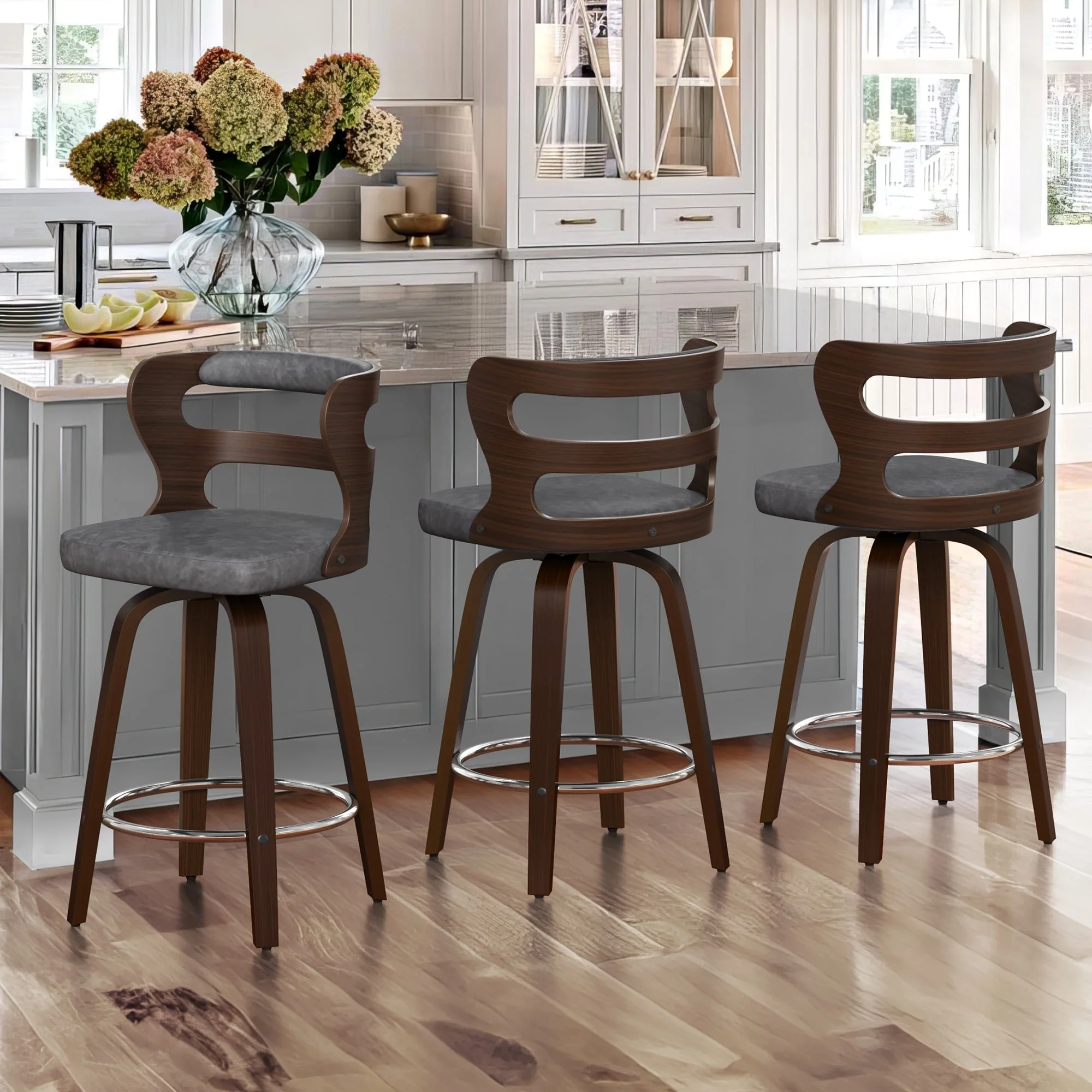 LUE BONA 26H Modern Walnut Swivel Counter Height Stools, Bar Stools with Backs Set of 3 - 26 H