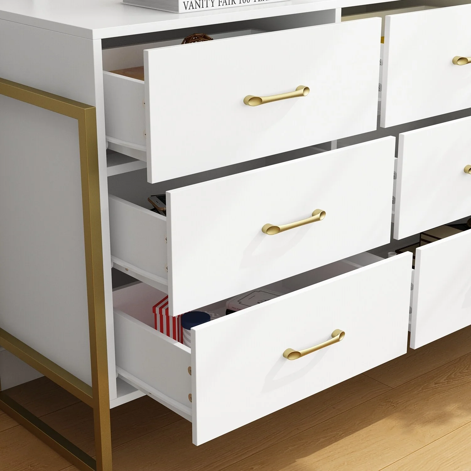 Elegant 9-Drawer Dresser with Gold Accents - Black Stripe Finish Chest