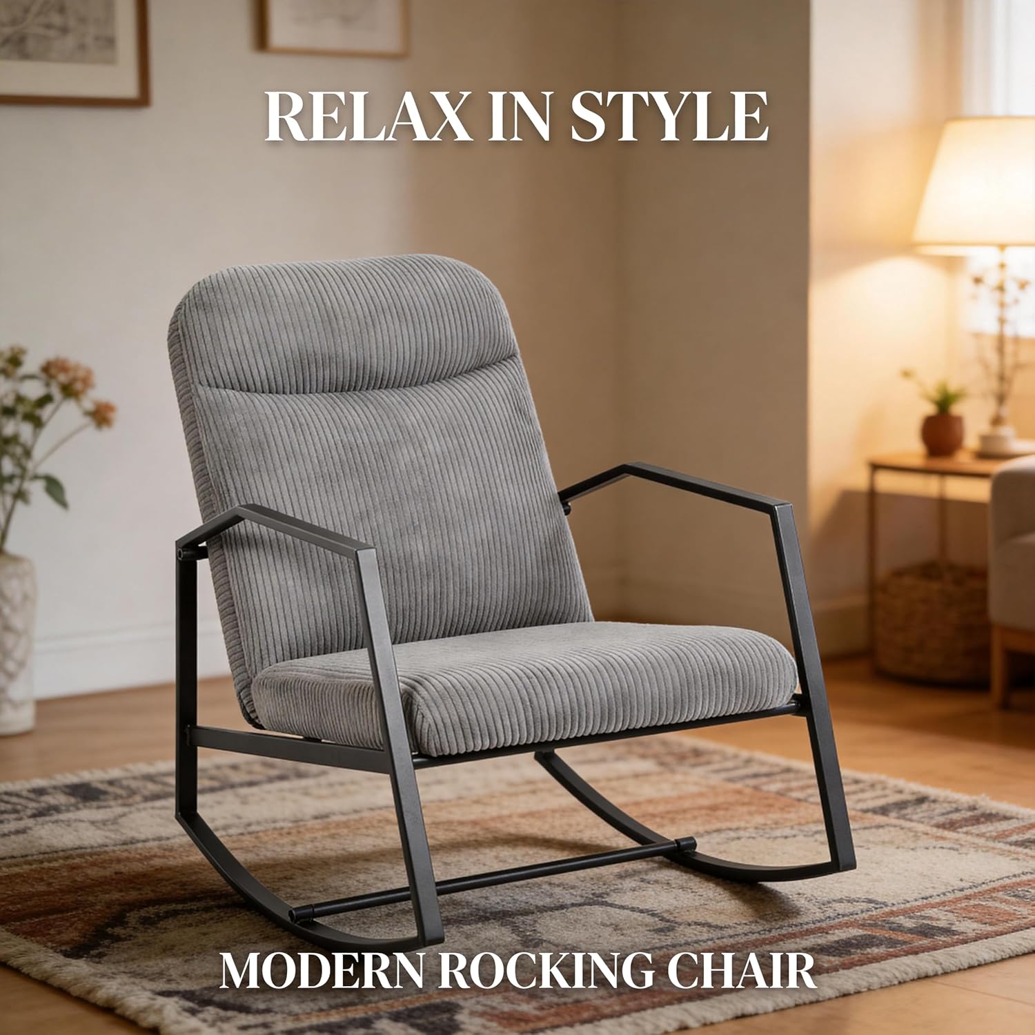 Kinfant Mid Century Modern Rocking Chair, Corduroy Upholstered Accent Chair with Metal Frame, High Back Nursery Glider Rocker, Comfy Reading Lounge Chair for Living Room Bedroom Small Space (Grey)