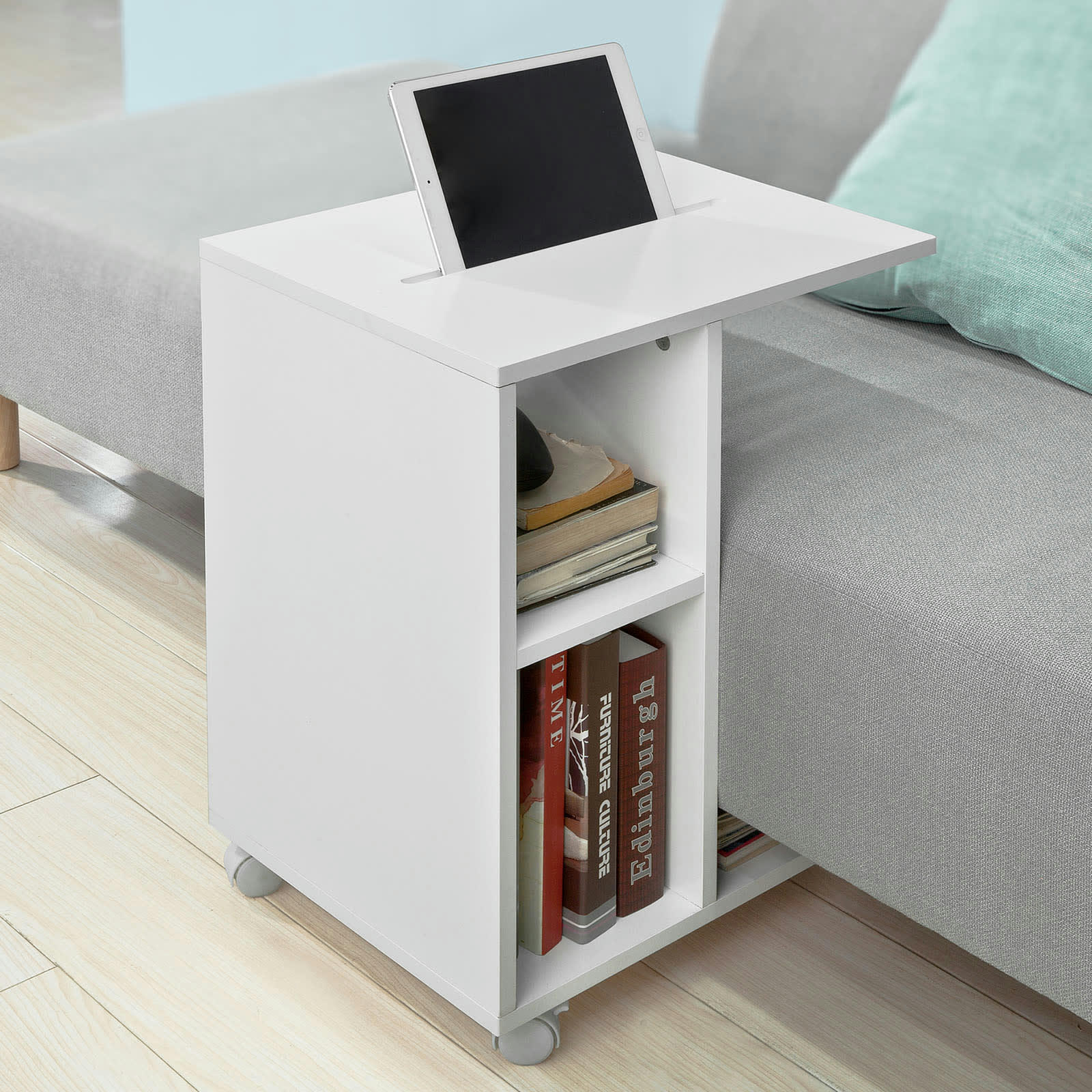 - Table d’appoint roulante 2 étagères en bois blanc