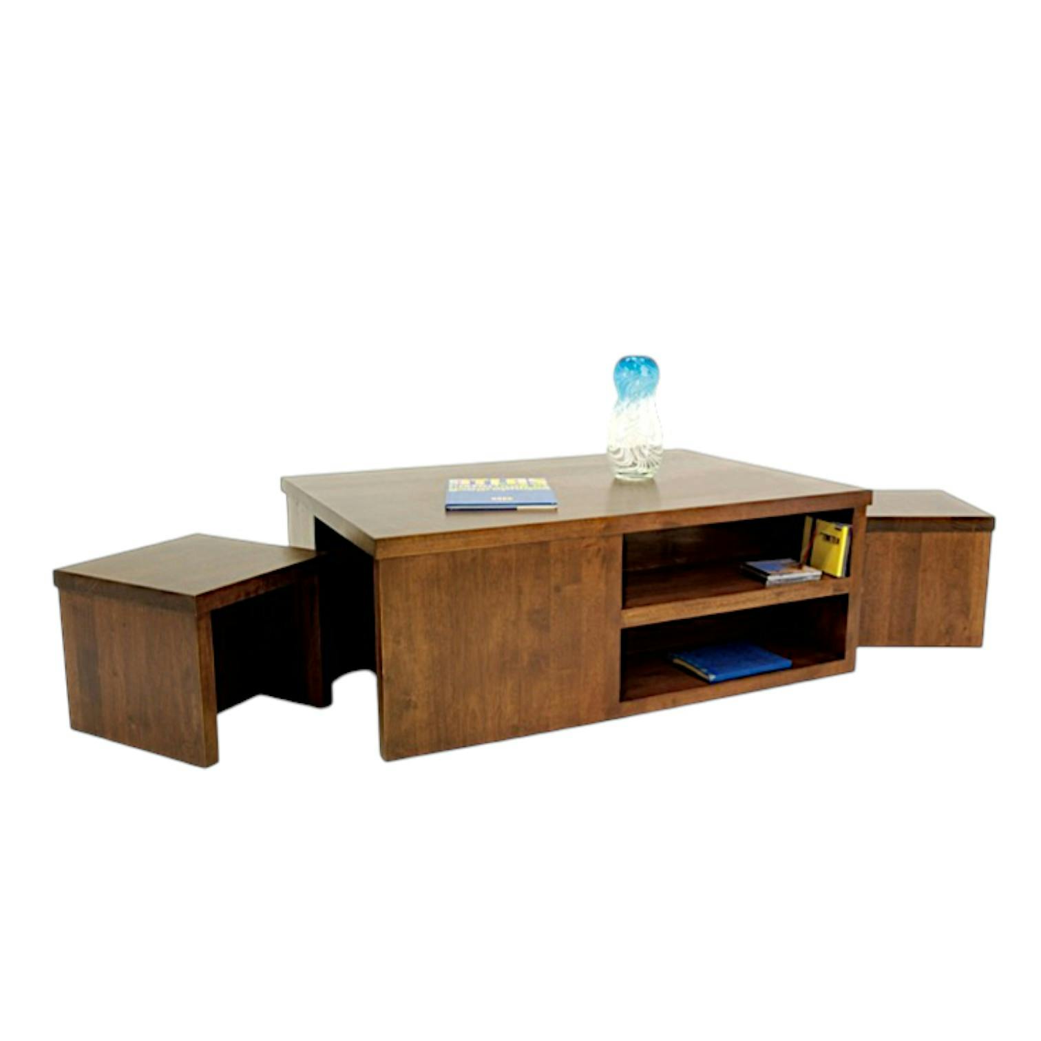 Table basse Hévéa avec niches   2 tabourets à ranger sous la table 120x80x45cm HELENA
