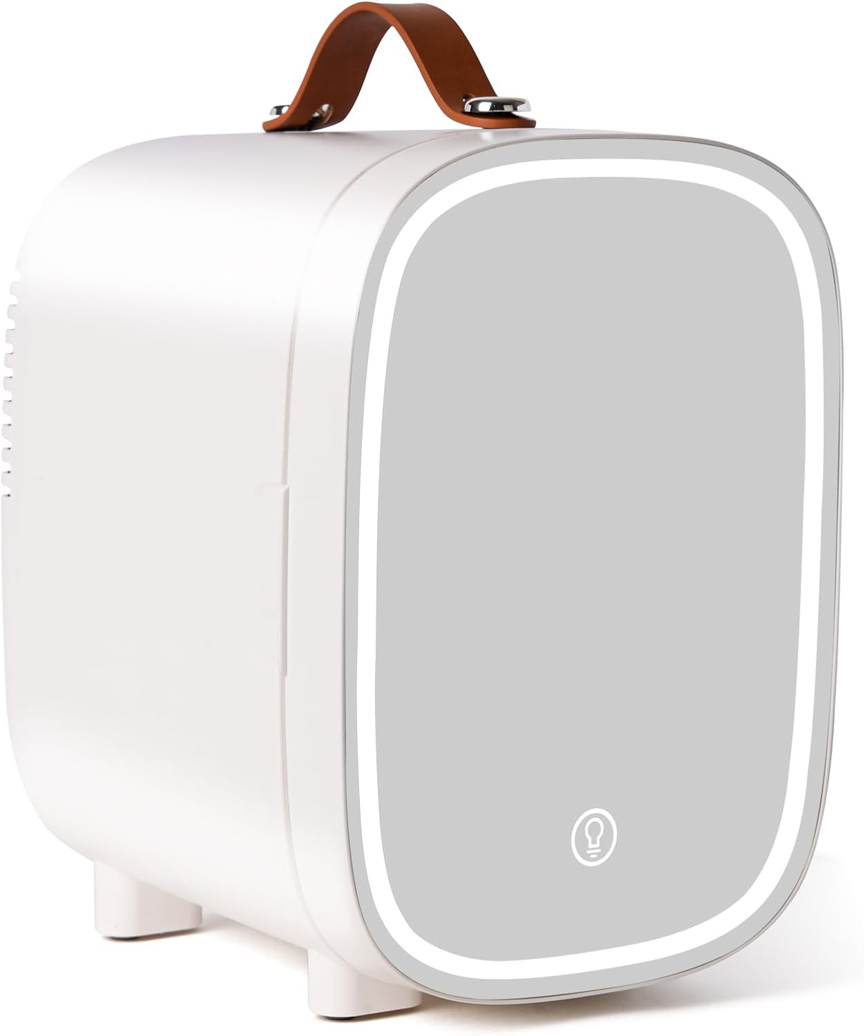 Mini Fridge for Bedroom, 4 Liter/6 Can Skincare Fridge With LED Mirror & Leather Carrying Handle,12v AC/DC Cooler & Warmer Portable Small Refrigerator for Drinks, Makeup, Dorm, Office and Car(White)