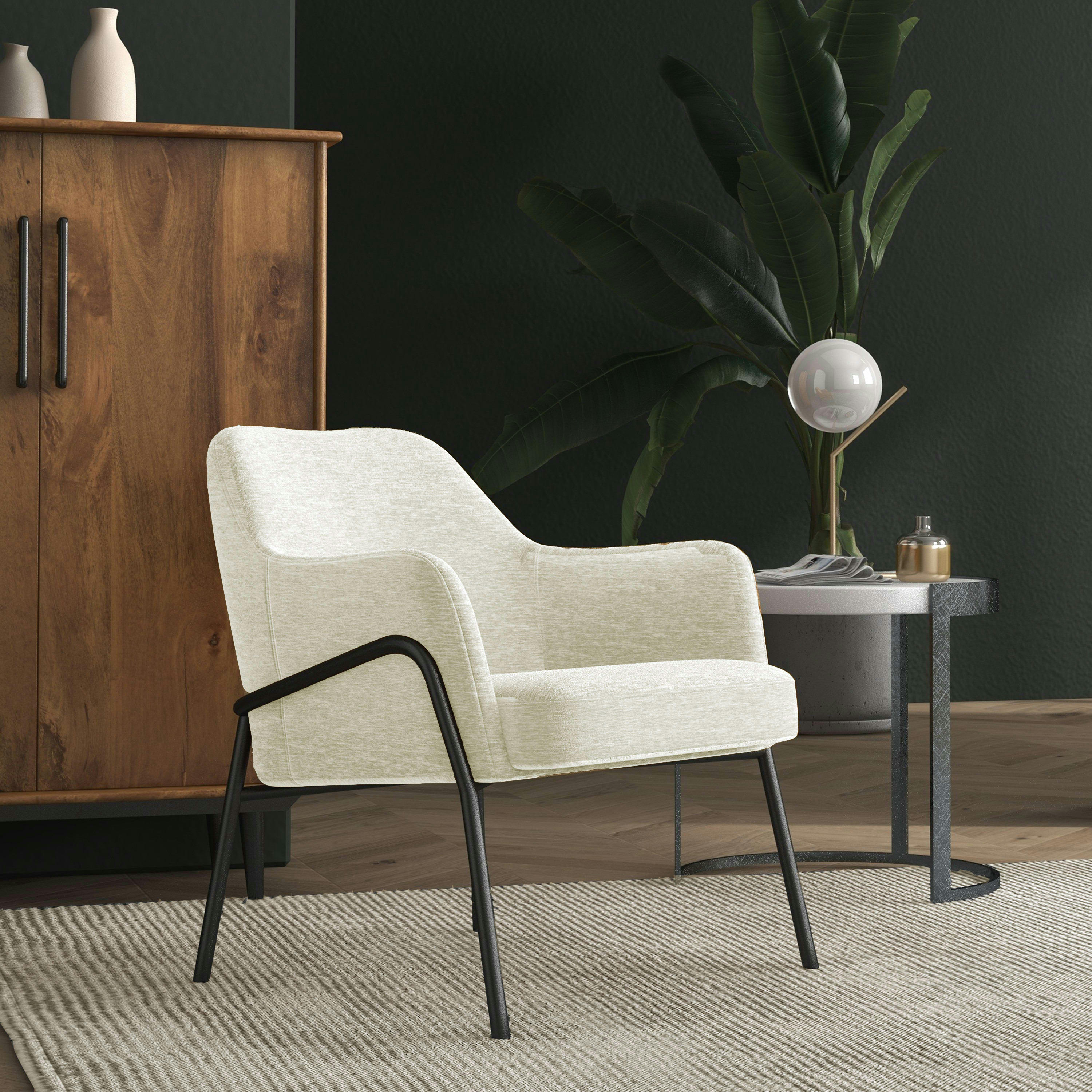 LAYTON - Fauteuil lounge en tissu Ecru et métal noir mat