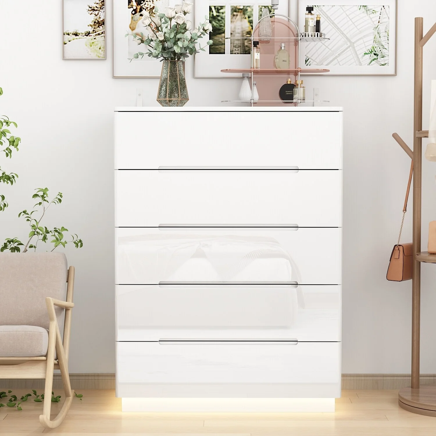 Wood 5 Drawer Chest Bedroom Dresser in White High Gloss With Light