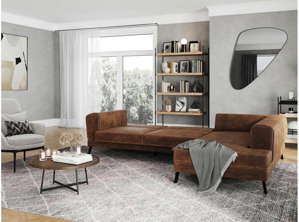 INDIA - Canapé d'angle convertible 2 coffres en tissu marron industriel