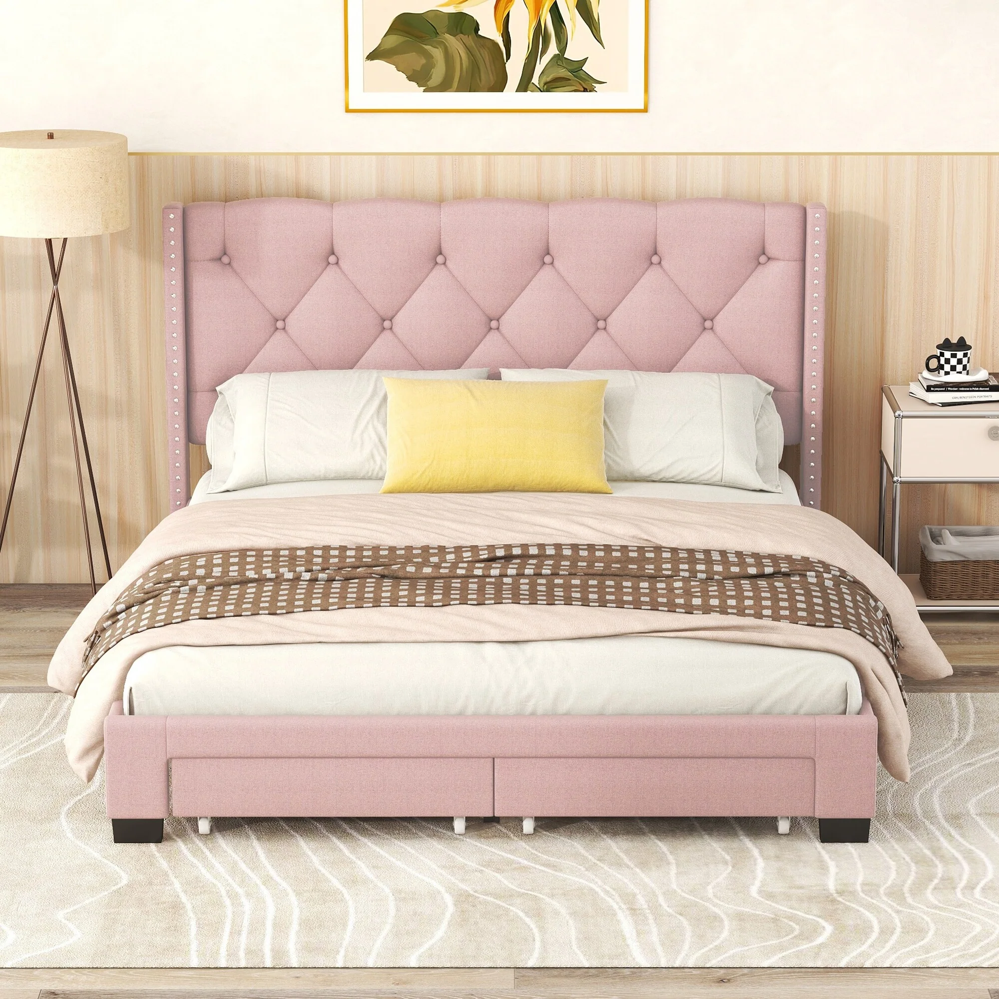 Queen Size Upholstered Platform Bed with Padded Headboard and Two Storage Drawers