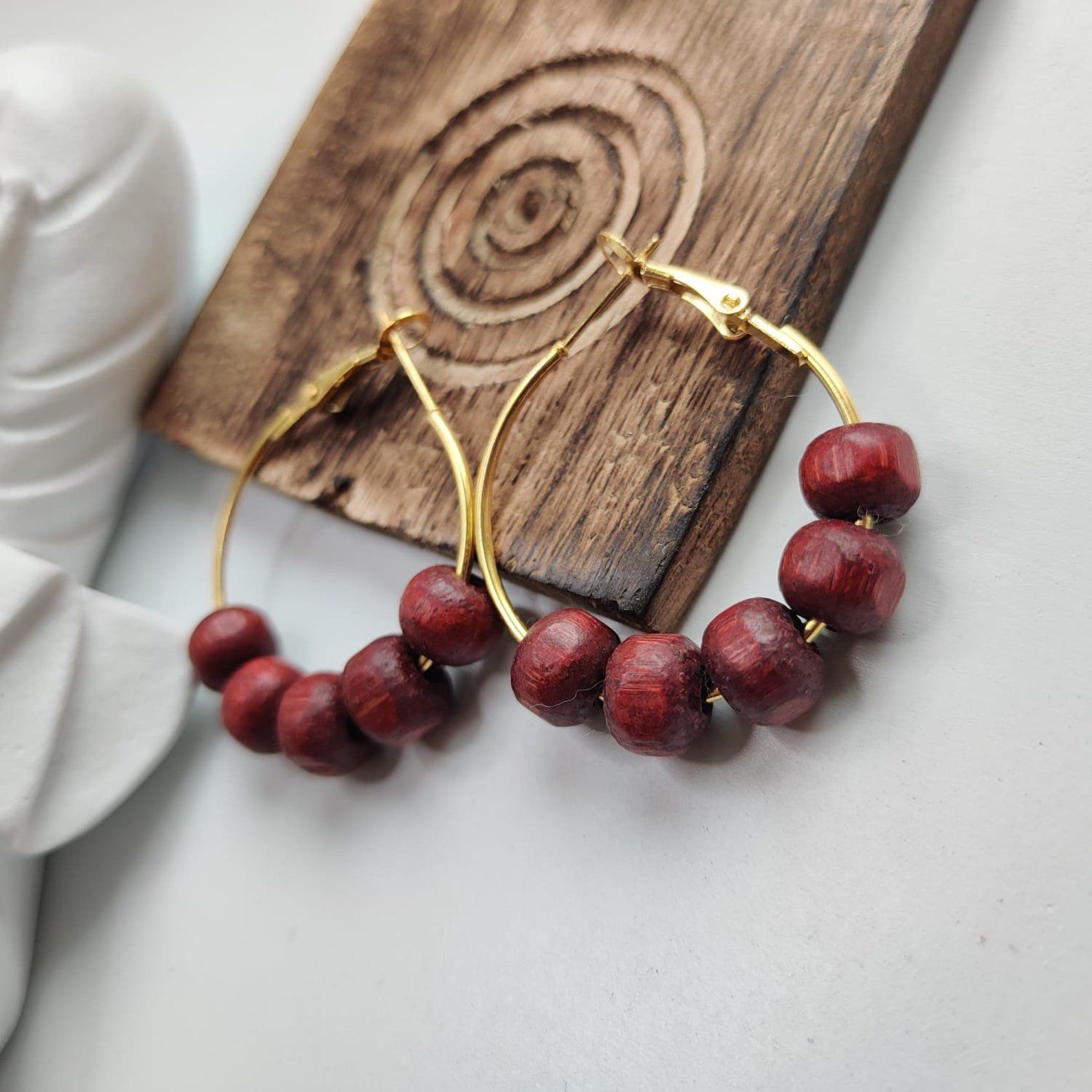 The Colourful Aura Red Sandalwood Beaded Bali Hoop Earring