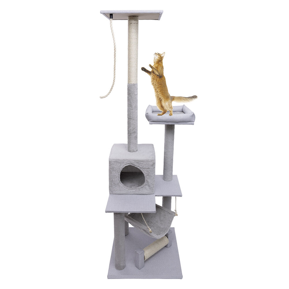 Arbre à chat XXL 4 niveaux grattoir et couchage gris H165cm