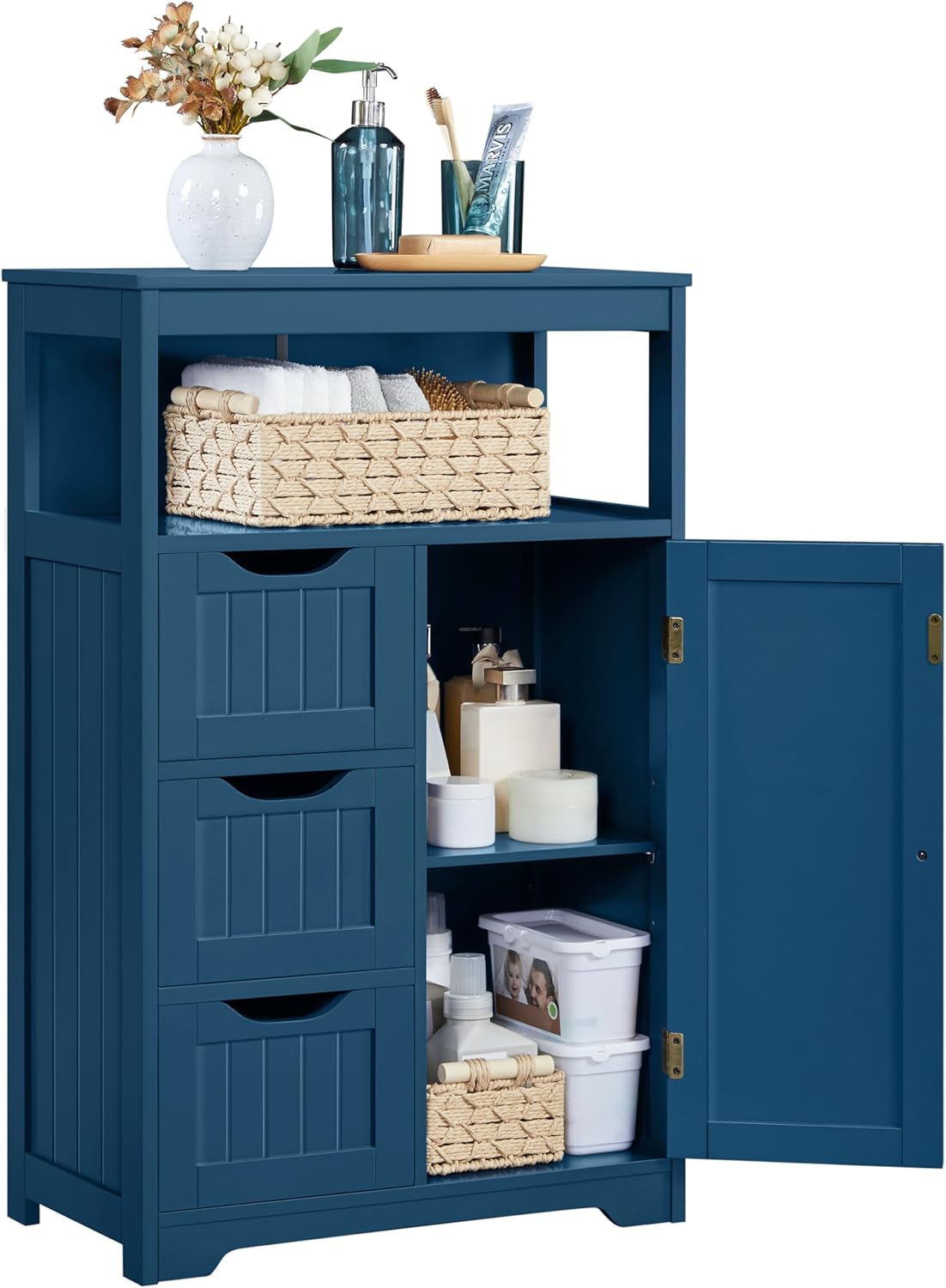 Yaheetech Bathroom Floor Cabinet, Free Standing Wooden Storage Organizer Multiple Tiers Storage Living Room Cabinet, Navy Blue
