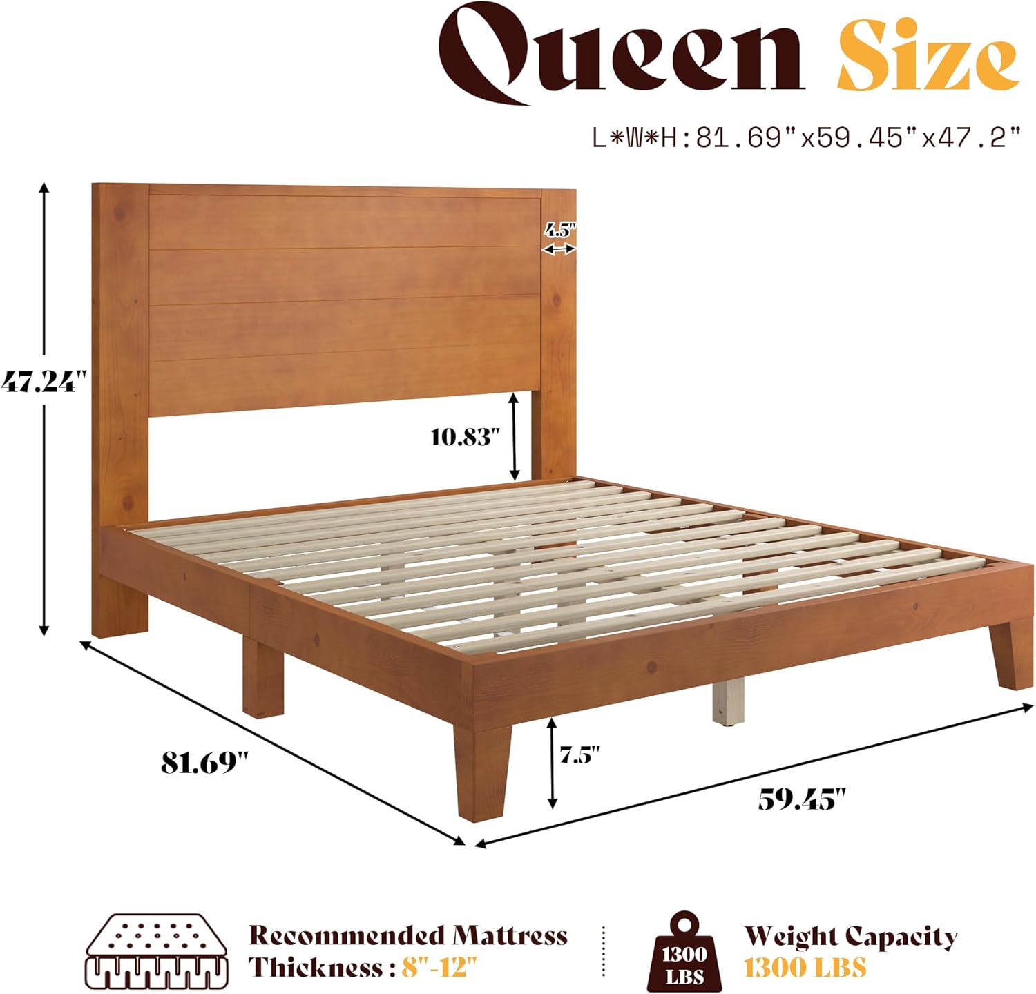 AMERLIFE Queen Sizes Solid Wood Bed Frame with 48 Headboard, Mid Century Modern Platform Bed with Silent Wood Slat System, No Box Spring Needed, Under-Bed Storage, Brown
