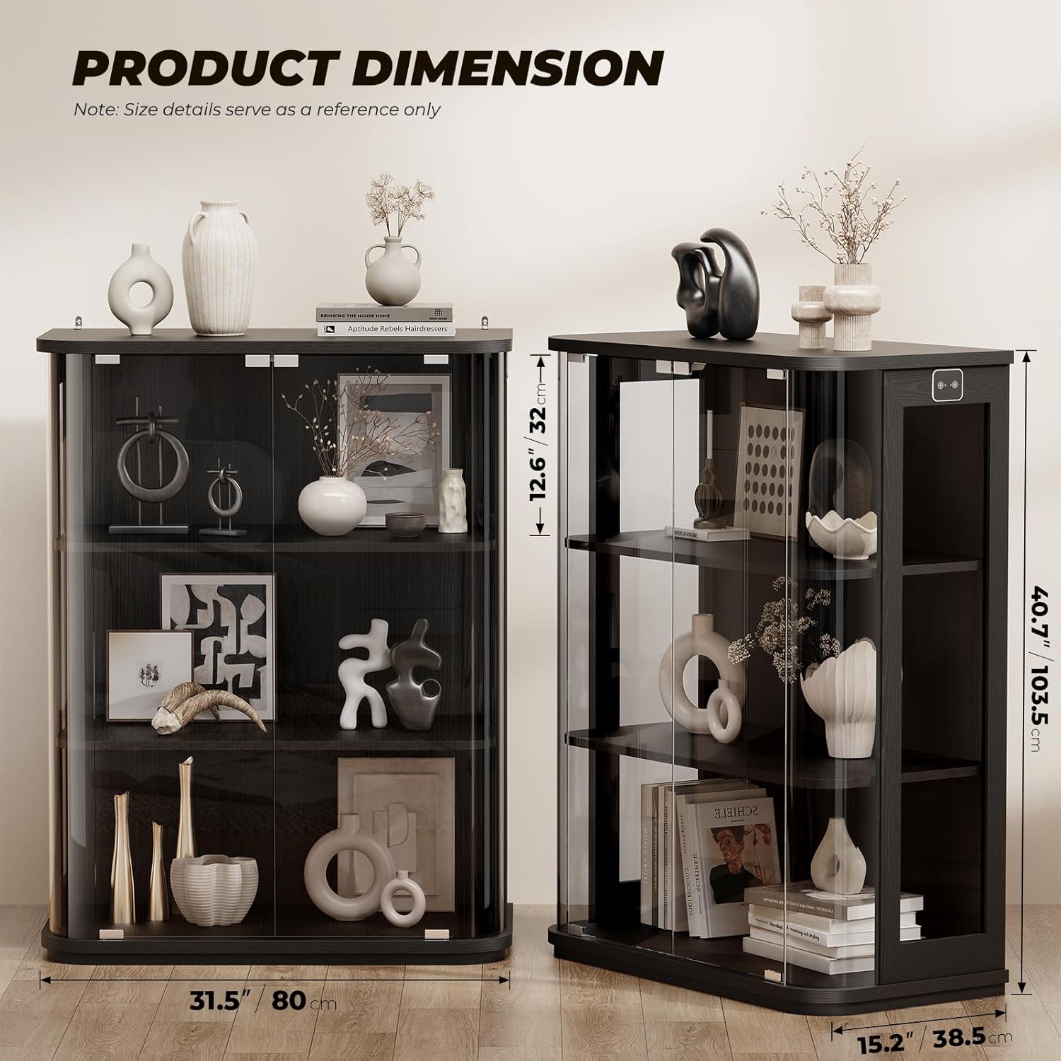 BROTTAR Rounded Display Cabinet with Glass Door, 3-Tier Curio Cabinet with 3 Color Lights for Collectibles, Glass Display Case with Transparent Full-Display Surface, Human Body Sensor, Black