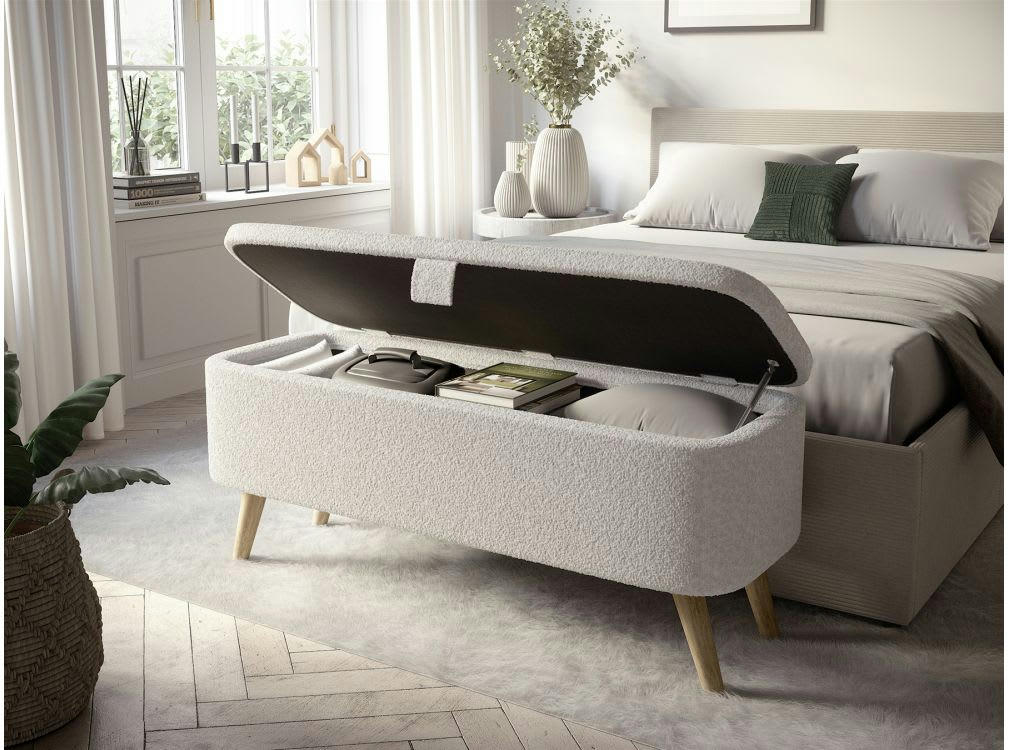 POLKA - Bout de lit avec coffre de rangement en tissu bouclettes - Blanc