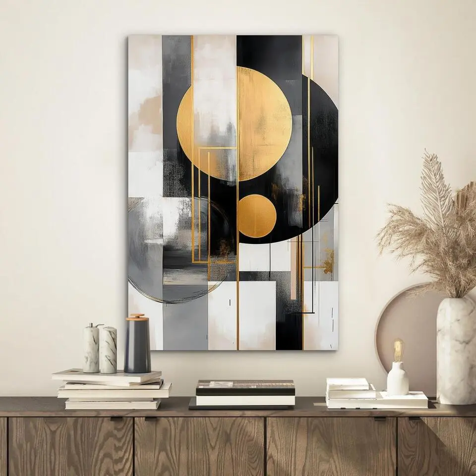 MuchoWow Aluminium Schilderij 40x60cm Abstract Goud Zilver Vormen