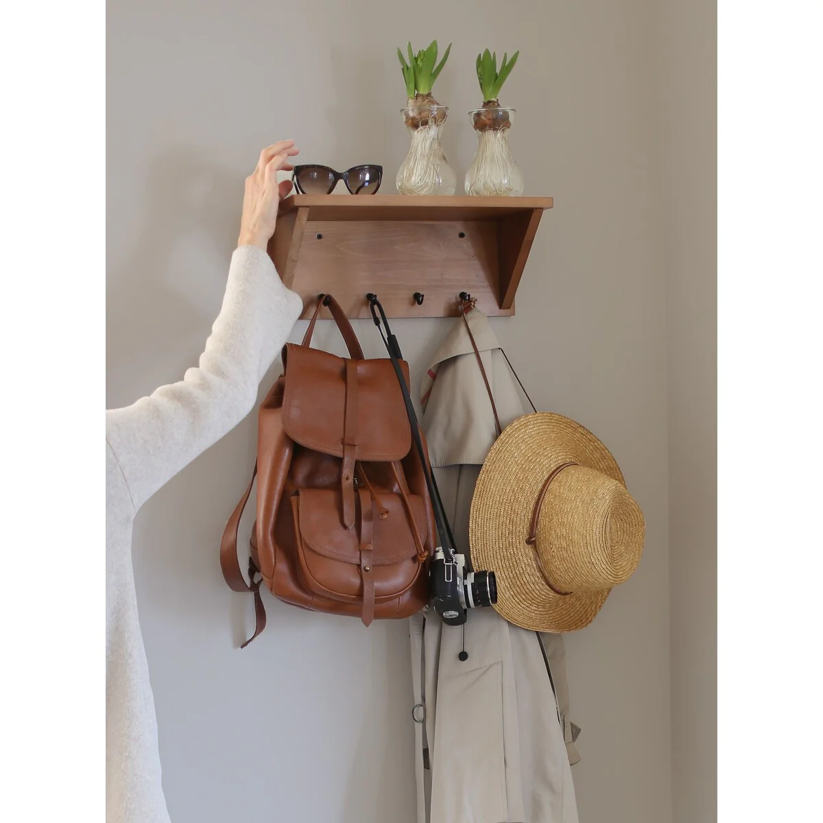 Wallniture Oban Solid Pine Wood Coat Rack with Hooks for Hanging, Farmhouse Wall Decor