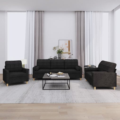 NNEVL 3 Piece Sofa Set with Pillows Black Fabric