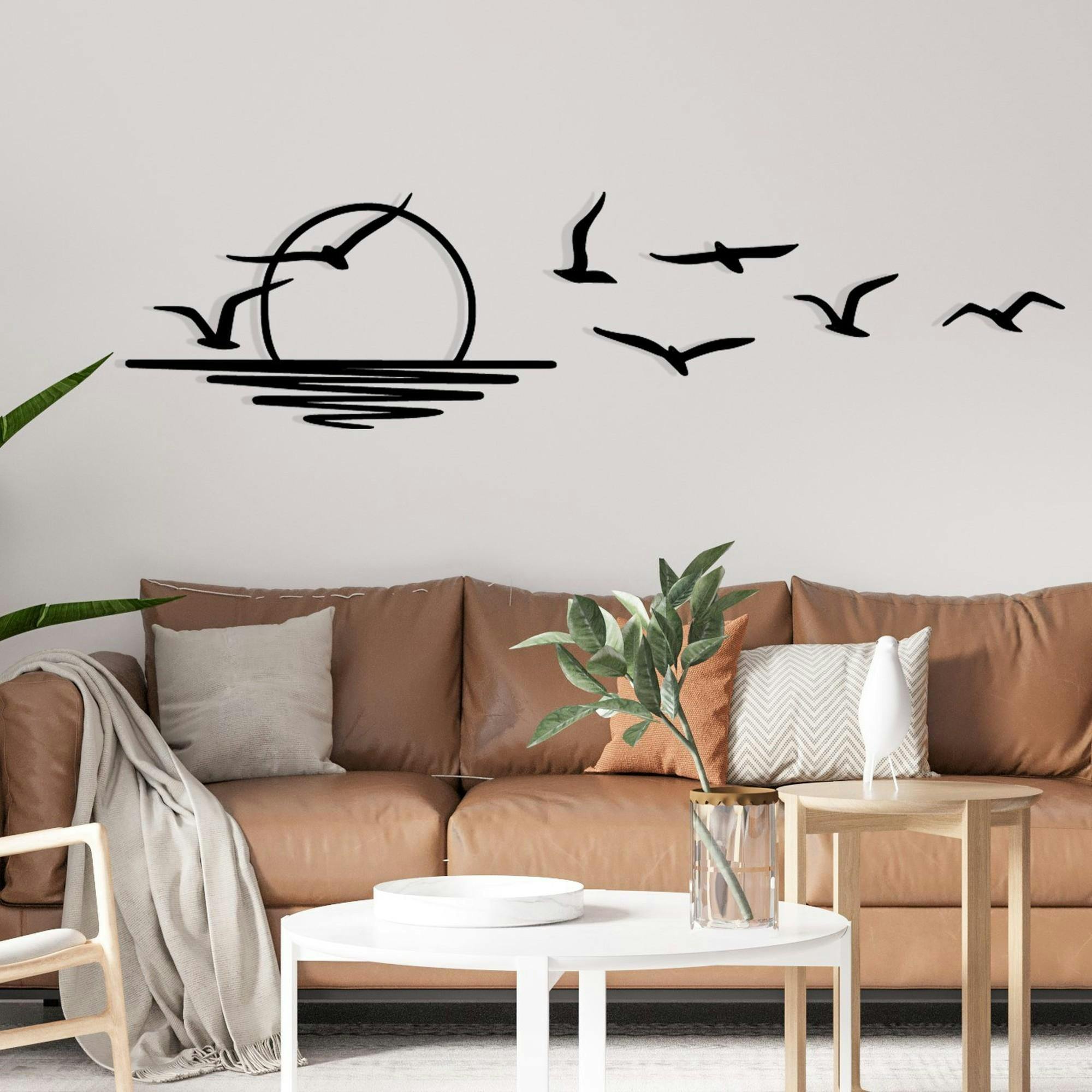 Décoration murale métal noir – coucher de soleil et oiseaux