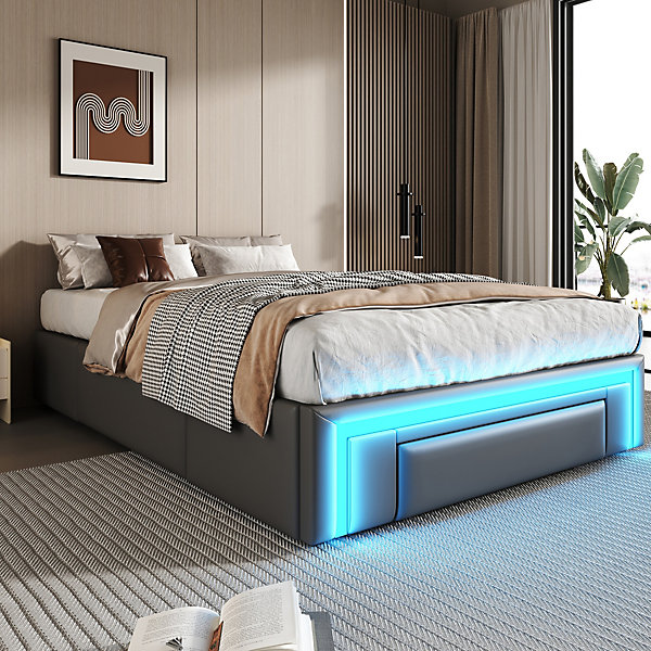 Lit avec rangement 90x200 cm - Lit simple avec 2 tiroirs et bande LED - Sans matelas - Gris