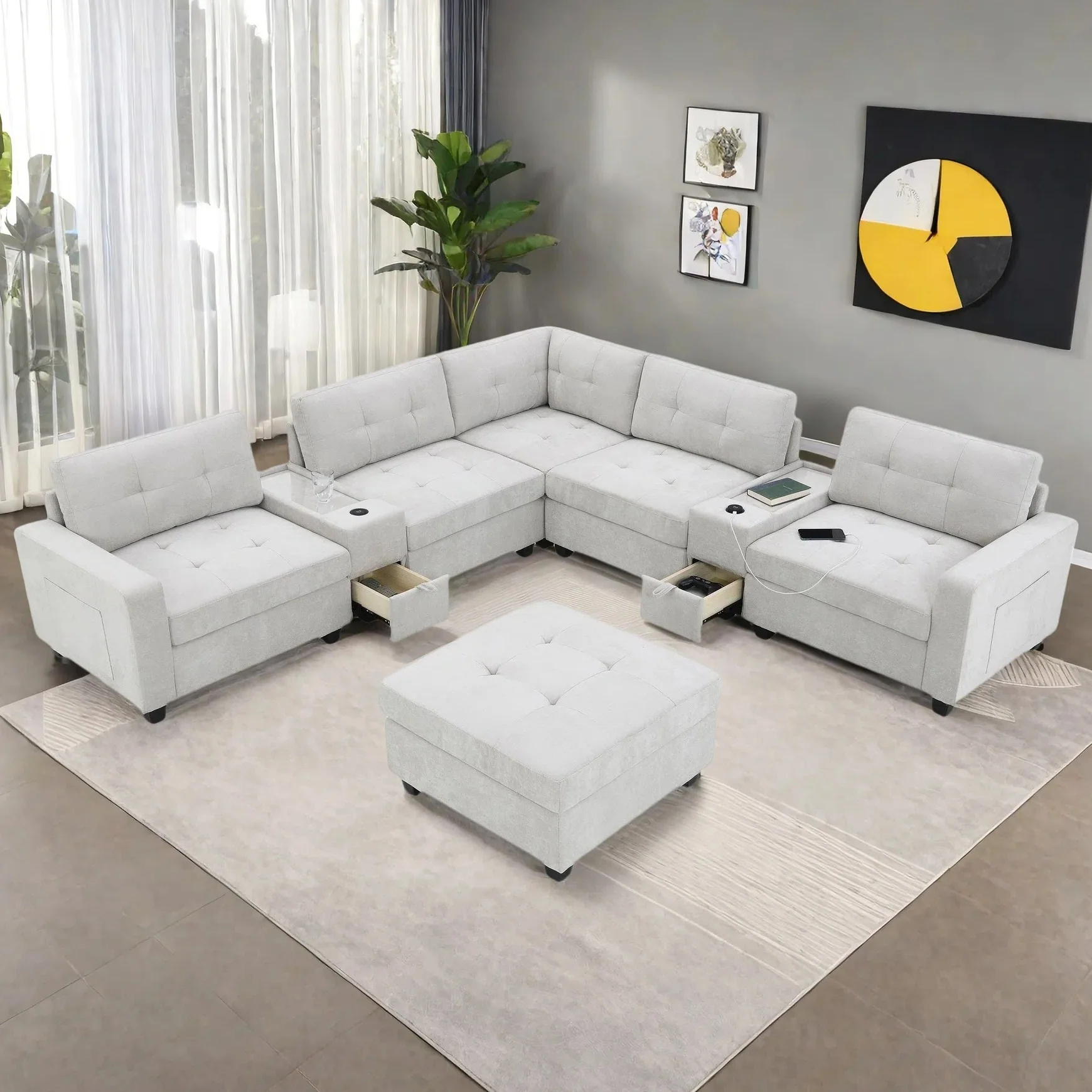 8-Piece Modular Chenille Sectional Sofa with Movable Ottoman, 2 Acrylic Top Consoles, Storage Drawers, Wireless & USB Charging