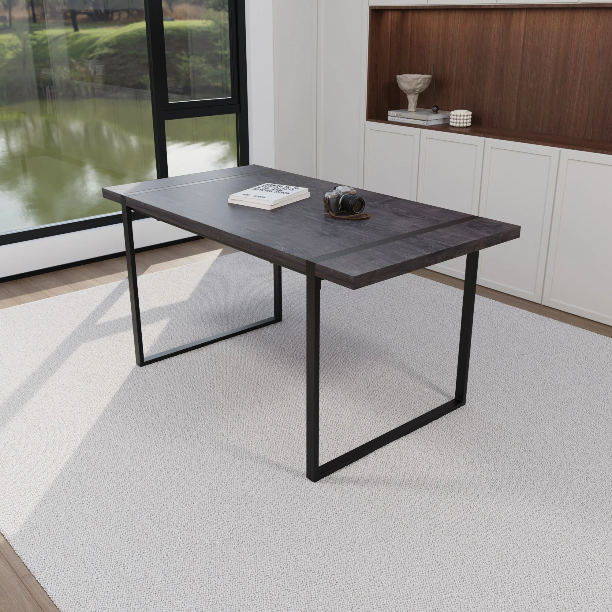 59  dining table modern industrial rectangular, 1.5 thick engineering wood tabletop and black rectangular metal legs