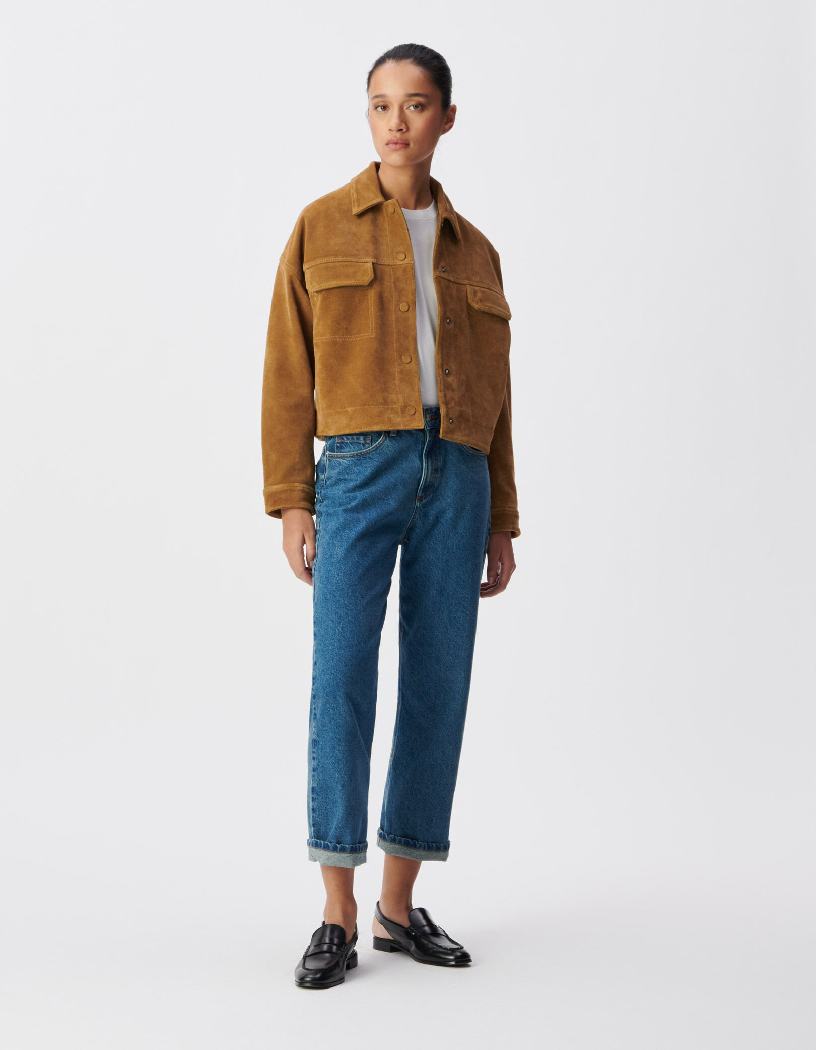 Veste courte oversize camel cuir velours Femme
