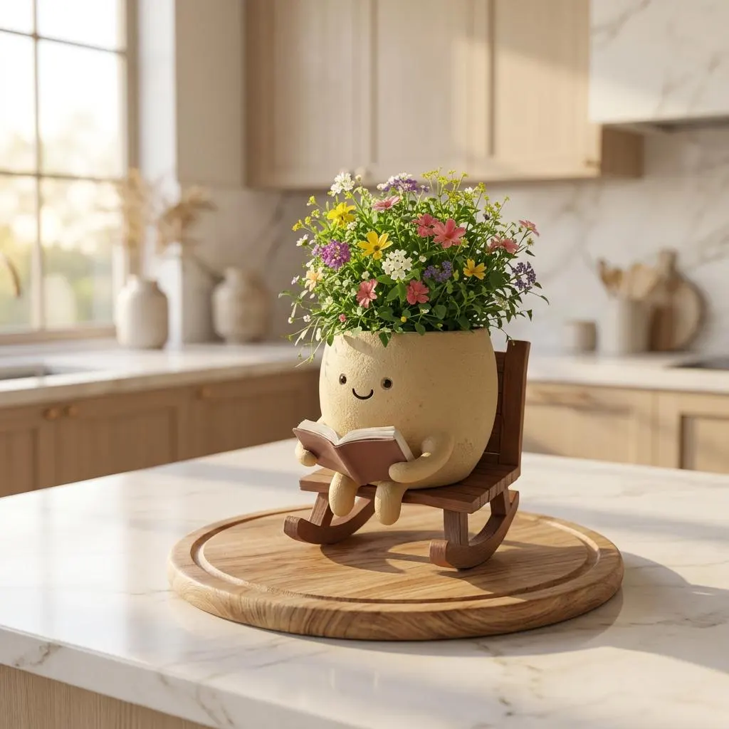 Cute Reading Planter Pot, Smiling Resin Succulent Pot with Drainage Hole, Book Lover Desk Decor, Pen Holder Gift