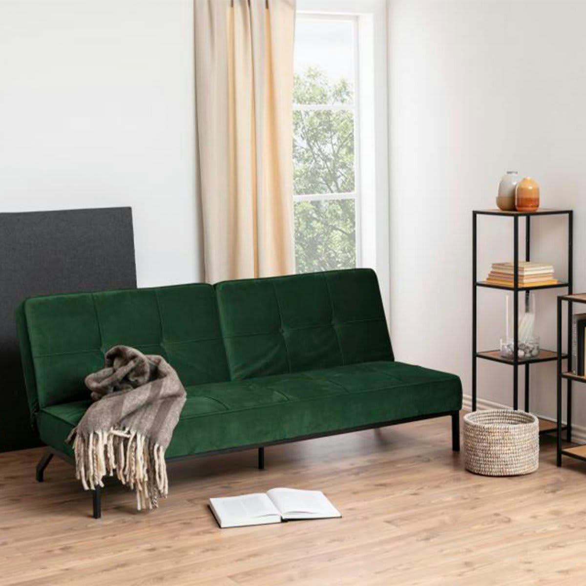 PERUKIA - Canapé convertible en velours matelassé vert