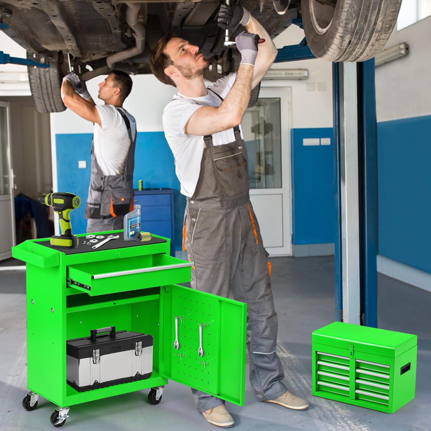 5-Drawer Rolling Tool Chest – 2-in-1 Lockable Tool Box with Wheels, Sliding Drawers & Detachable Top – Garage & Workshop Storage Cabinet, Green