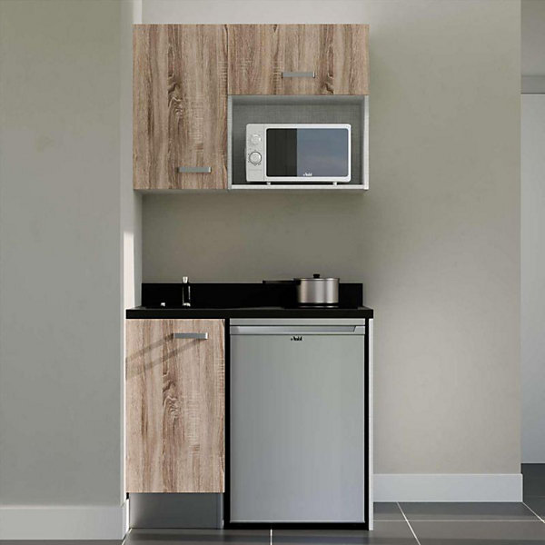 Kitchenette K00 - 100 cm - façades Bois - Plan monobloc en quartz coloris Nero évier à gauche - Electroménager Inox