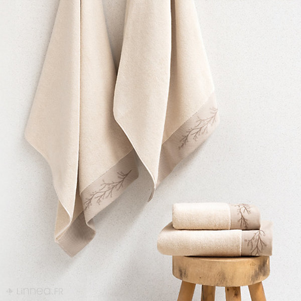 Drap de bain absorbant coton 100x150cm FEUILLE beige