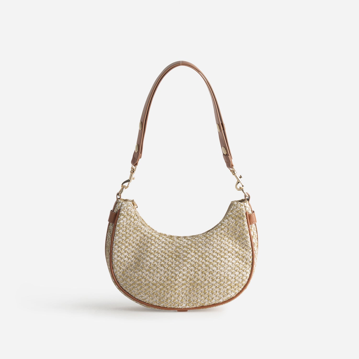 Sac à main beige tressé bordé camel