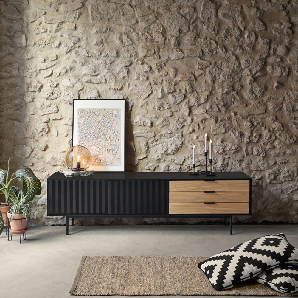 SIERRA - Meuble TV 2 portes, 3 tiroirs en bois L180cm noir