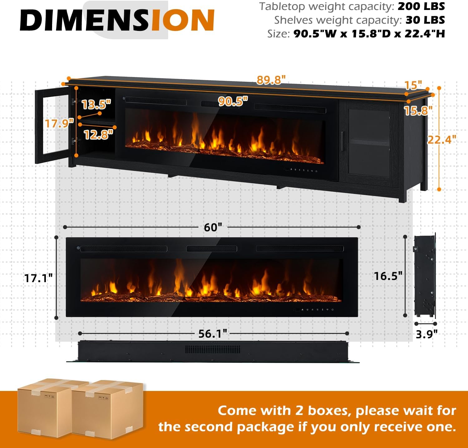 MXV 90 Fireplace TV Stand, Modern Entertainment Center with 60 Inch Electric Fireplace, Adjustable Shelf & Glass Door, Fire Place TV Console for Living Room, Black