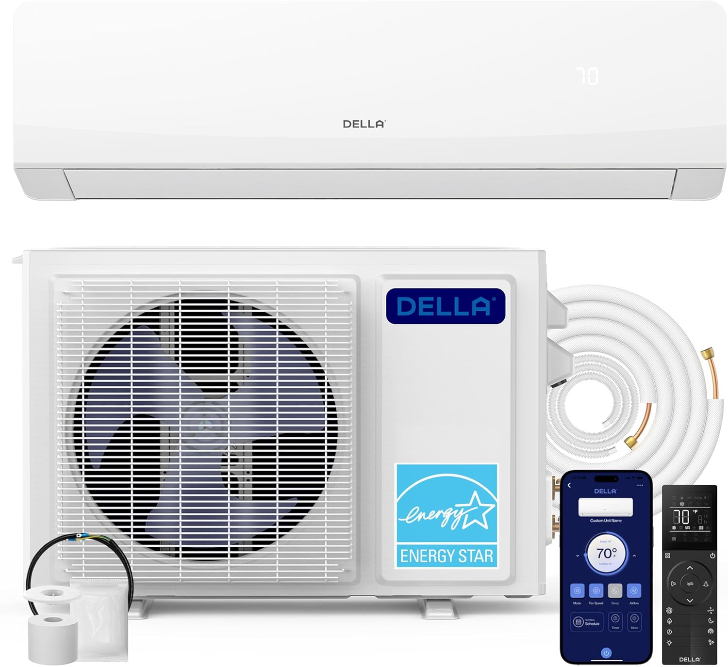DELLA Serena 22 SEER2 12000 BTU Mini Split Heat Pump Works with Alexa, Energy Star 1 Ton Pre-Charged 230V Ductless AC Unit Inverter Air Conditioner System for Rooms up to 550Sq.Ft, 16.4ft Install Kit