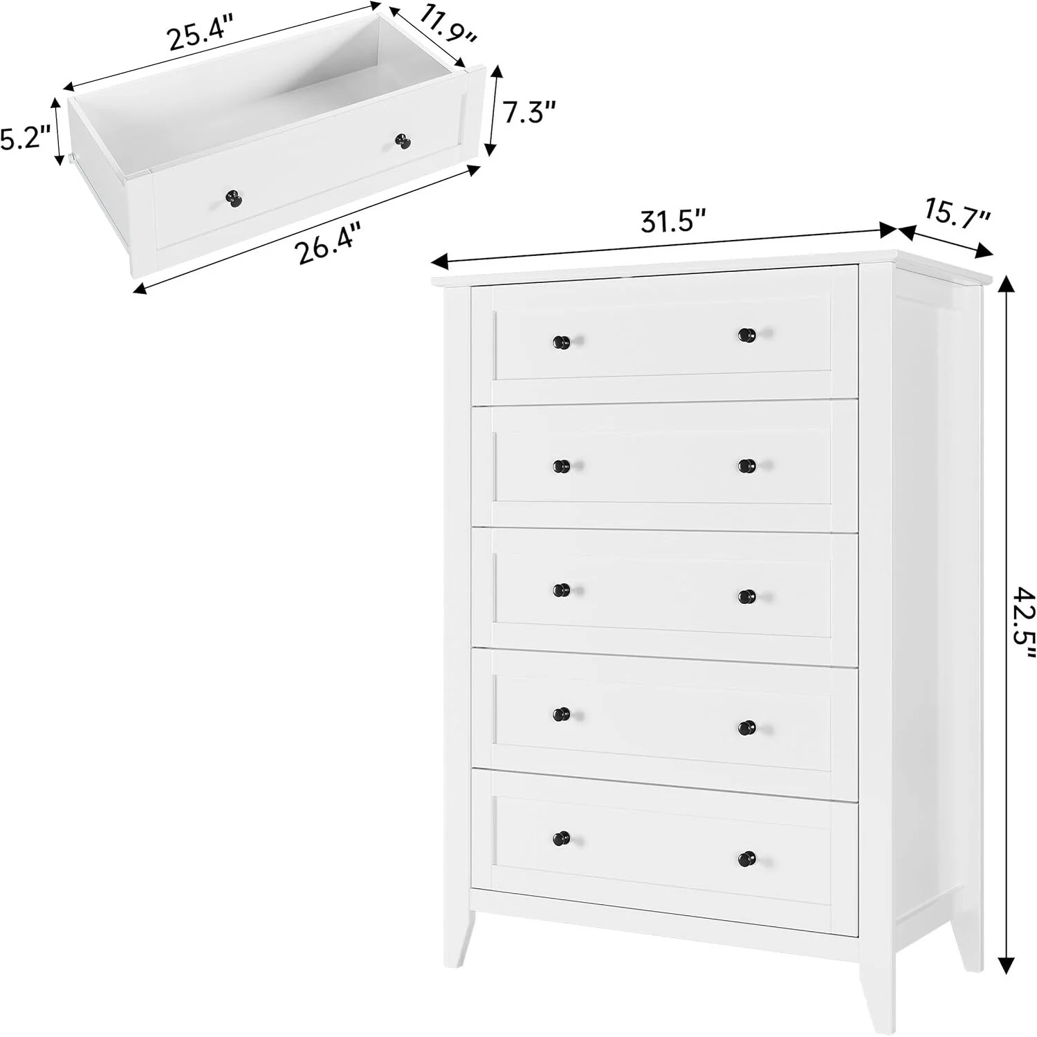 5 Drawer Dresser for Bedroom, Tall Dresser , Modern Wooden Chests of Drawers
