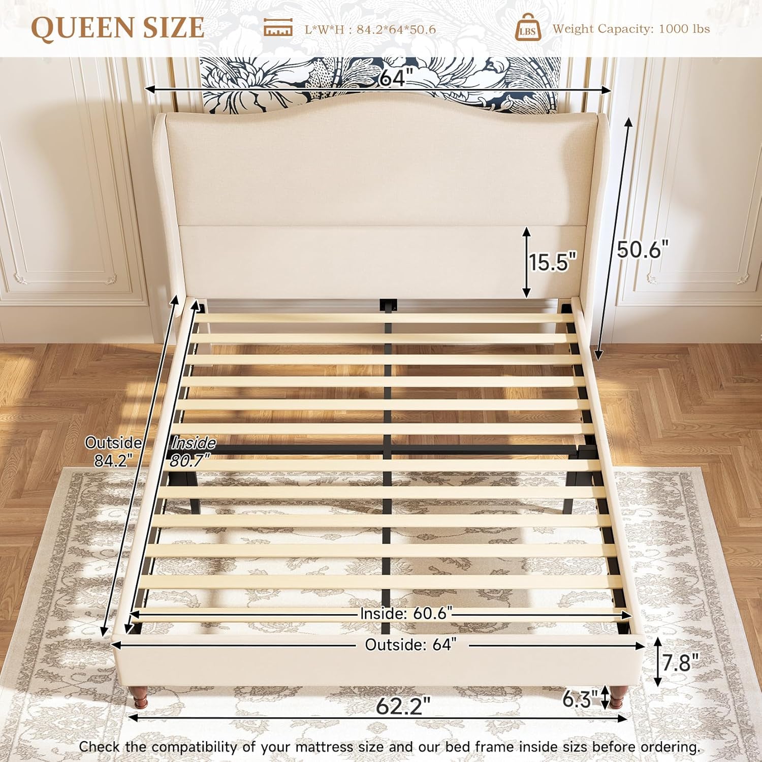 koorlian Queen Size Bed Frame Upholstered Platform Bed with 51 Tall Headboard Wingback, Soft Fabric, Retro Simple Style Platform Bed No Box Spring Needed, Easy Assembly, Beige