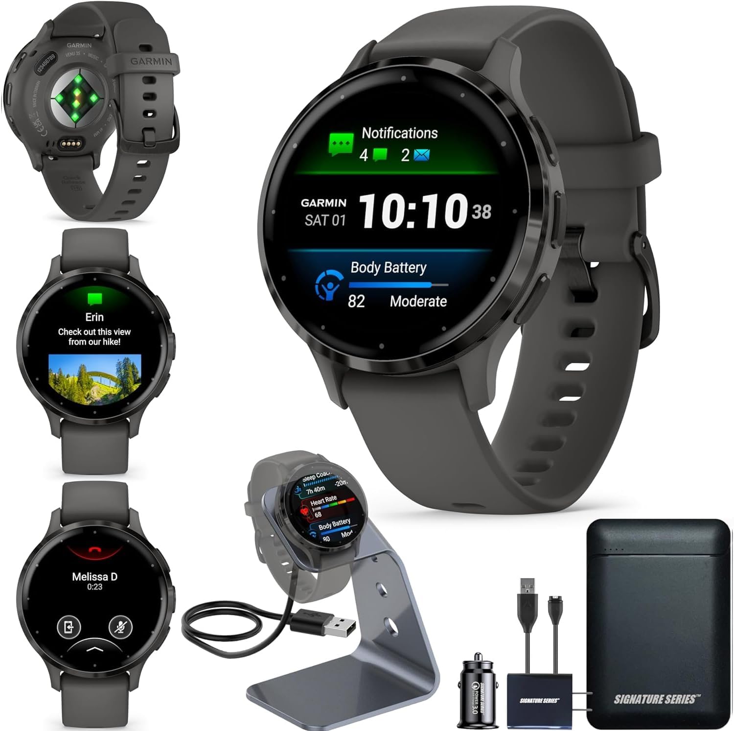 Garmin Venu 3S Running GPS Smartwatch with AMOLED Display  Advanced Health  Fitness Features  Up to 14 Day Battery Life with Signature Power Bundle | Slate with Pebble Gray Silicone Band