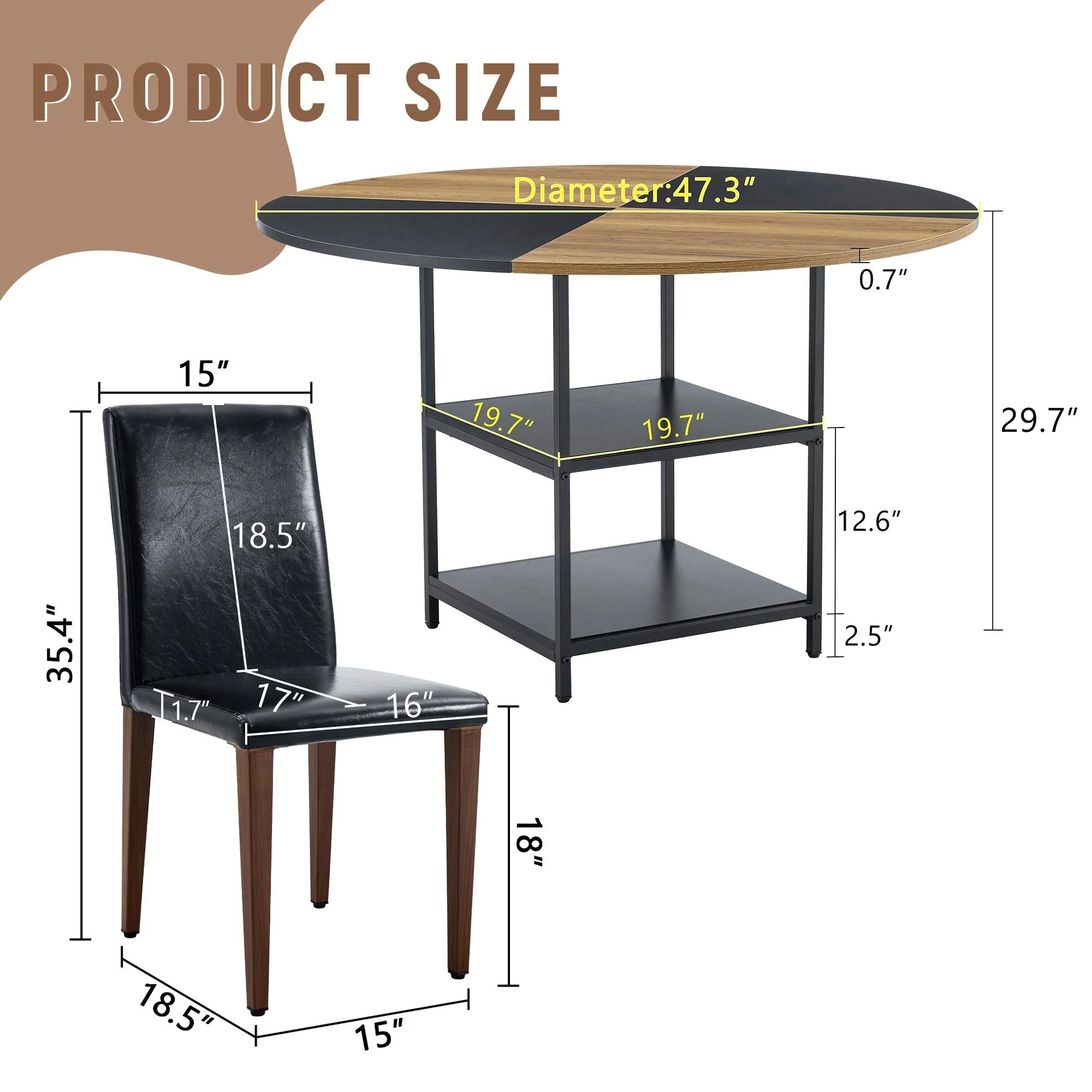 Table and chair set, diameter modern spliced color circular dining table - double-layer storage,Paired With 4 PU dining chairs