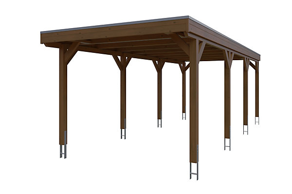 Carport SKAN HOLZ Grunewald 321 x 796 cm avec panneaux de toit en aluminium, traitement coloré noyer