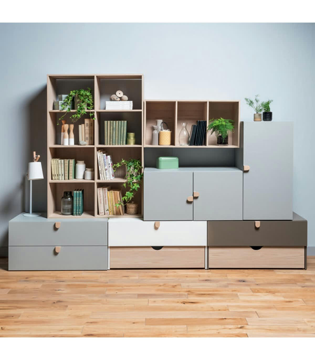 STIGE - Commode 2 tiroirs avec poignées bois - Gris