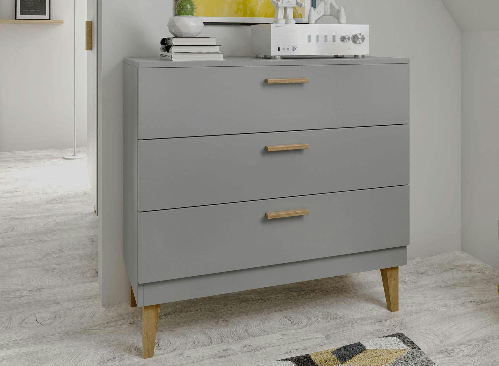 DREAM - Commode 3 tiroirs Gris et Chêne