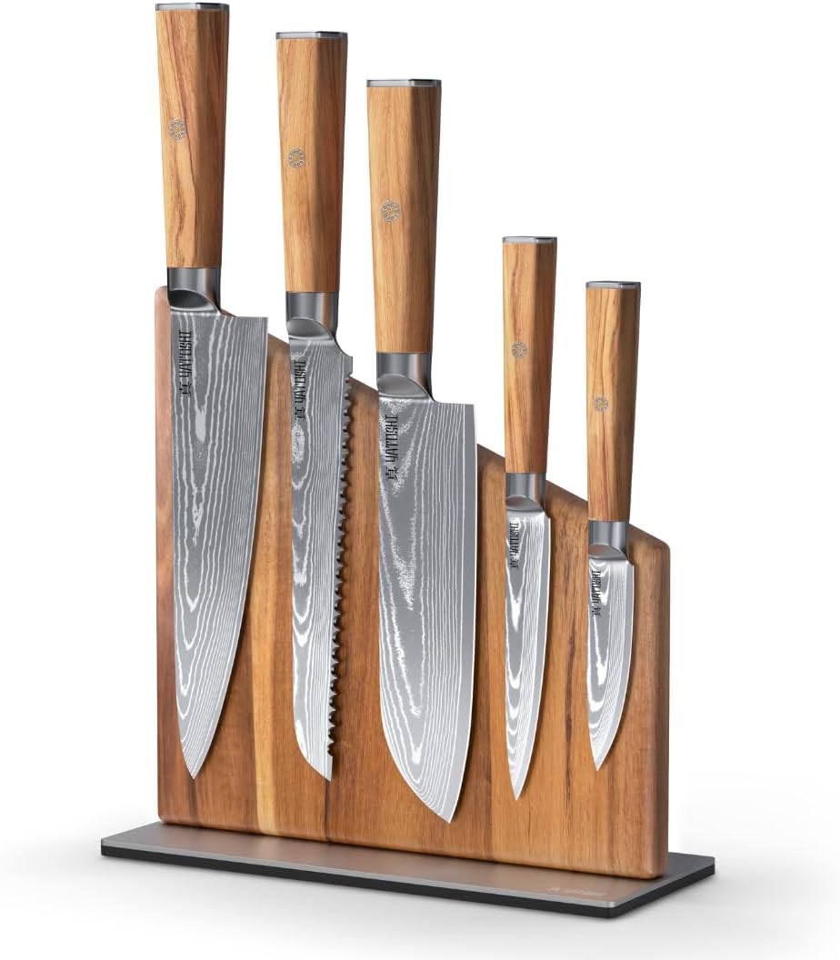Yatoshi Knives Magnetic Kitchen Knife Block Set - Japanese 67 Layer High-Grade VG-10 Steel Knives, Sharp, Professional Kitchen Knife Set - Damascus (6 pieces), Olive Wood Handles
