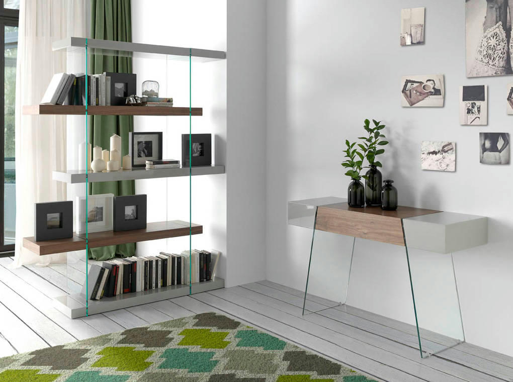 - Console effet bois noyer et verre trempé