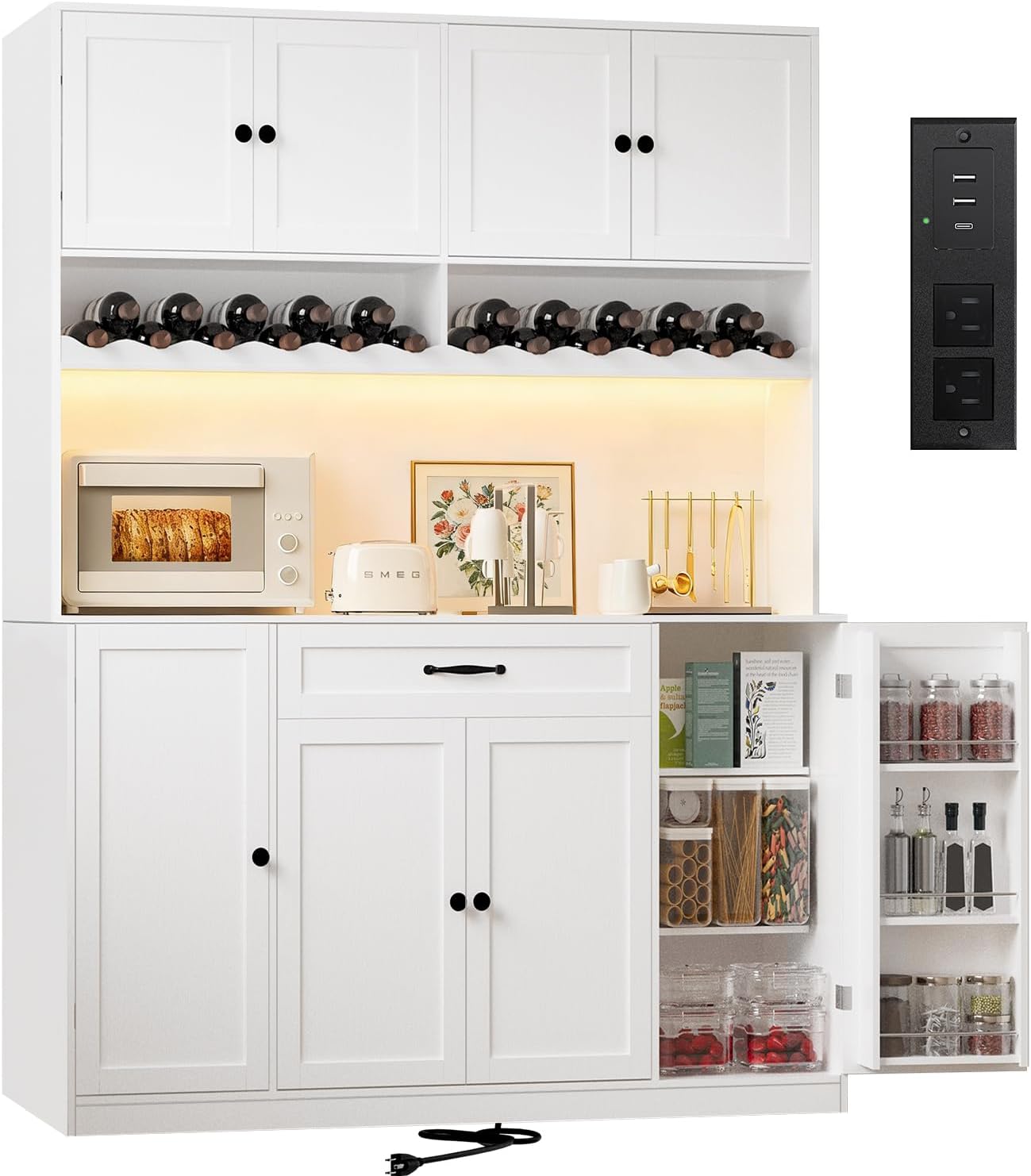72 Tall Pantry Storage Cabinet with LED Light 55 Wide Kitchen Pantry Cabinet with Charging Station and Adjustable Shelves Modern Kitchen Hutch with Wine Rack and Large Countertop White