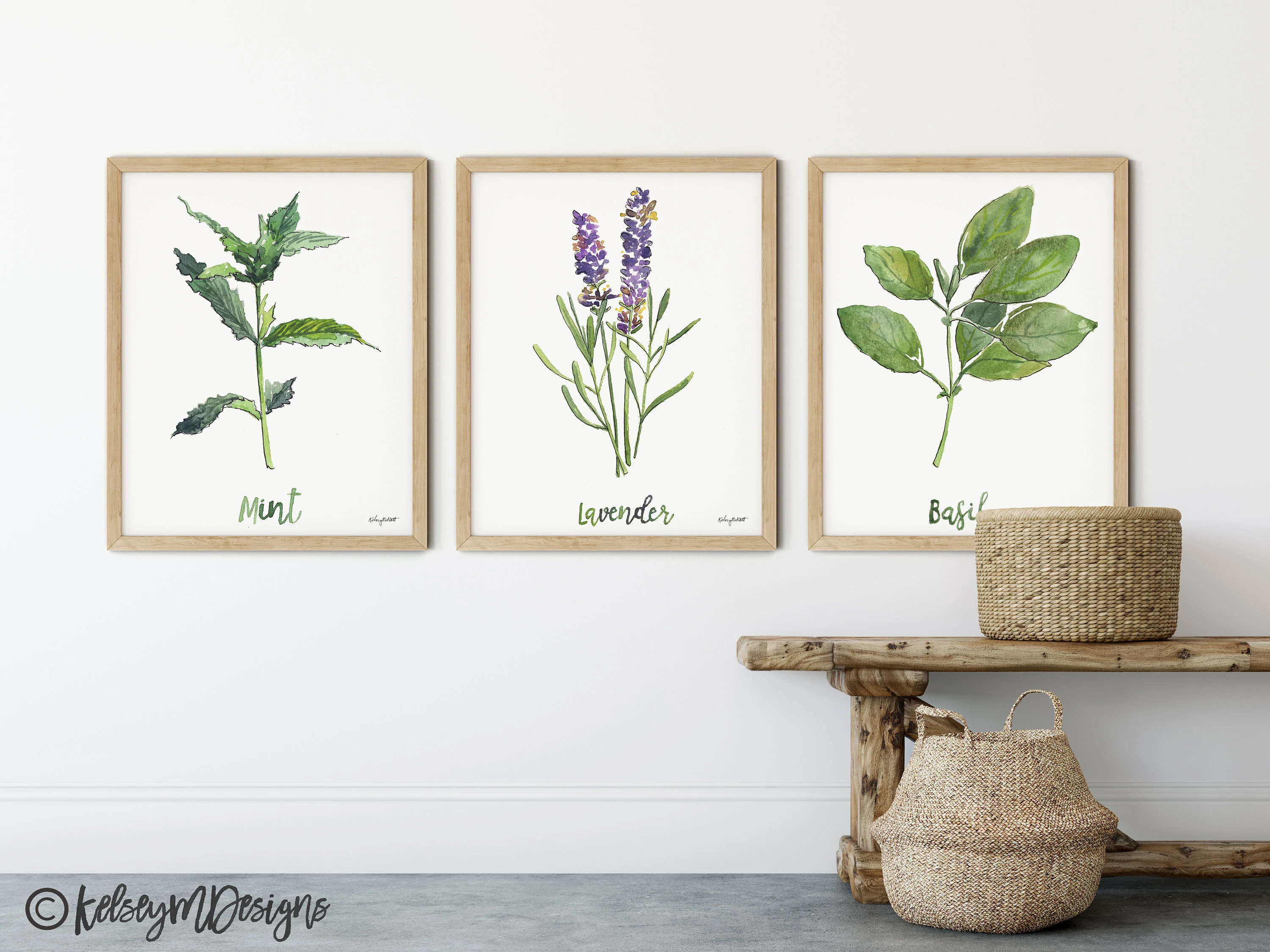 Kitchen Herbs Set, Lavender Watercolor Painting, Mint Art Print, Basil, Farmhouse Decor, Watercolor Botanical Poster Home Decor, Set of 3