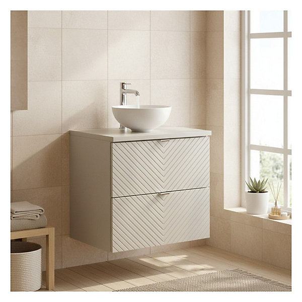 Ensemble AOKI : meuble sous vasque à tiroirs 60cm et plan vasque beige et vasque ronde blanche à poser